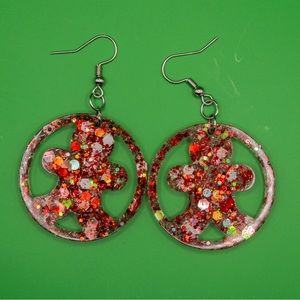 Red and White Glitter 1” Gingerbread Man Resin Earrings